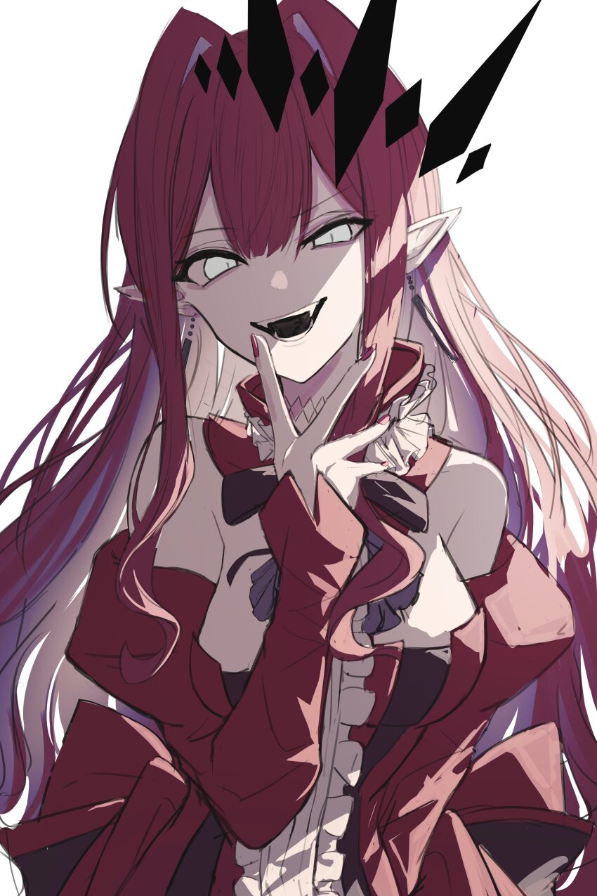 1girl absurdres ascot baobhan_sith_(fate) baobhan_sith_(first_ascension)_(fate) bare_shoulders breasts center_frills commentary crazy_eyes detached_collar detached_sleeves dress earrings fangs fate/grand_order fate_(series) finger_to_mouth frills grey_ascot grey_eyes hair_ornament highres jewelry large_breasts long_hair looking_at_viewer open_mouth pink_hair pointy_ears red_dress red_nails red_sleeves sidelocks smile solo tiara upper_body yagi_(yagi5art)