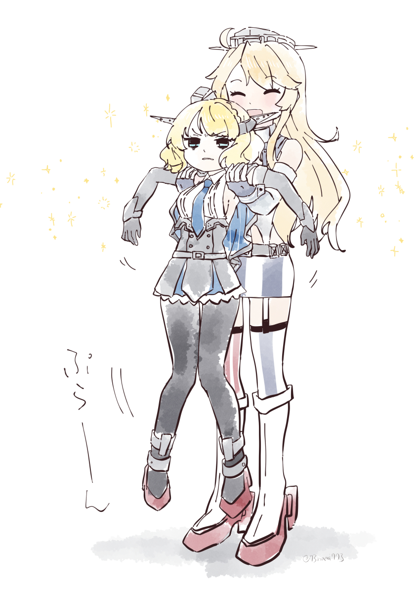 2girls absurdres american_flag_legwear asymmetrical_legwear black_legwear blonde_hair blue_necktie braid breasts capelet carrying carrying_person closed_eyes colorado_(kancolle) elbow_gloves fingerless_gloves front-tie_top garrison_cap garter_straps gloves grey_headwear hat headgear highres iowa_(kancolle) kantai_collection large_breasts long_hair mismatched_legwear multiple_girls nami_nami_(belphegor-5812) necktie pantyhose short_hair side_braids size_difference skirt striped_clothes striped_skirt striped_thighhighs thighhighs vertical-striped_clothes vertical-striped_skirt vertical-striped_thighhighs