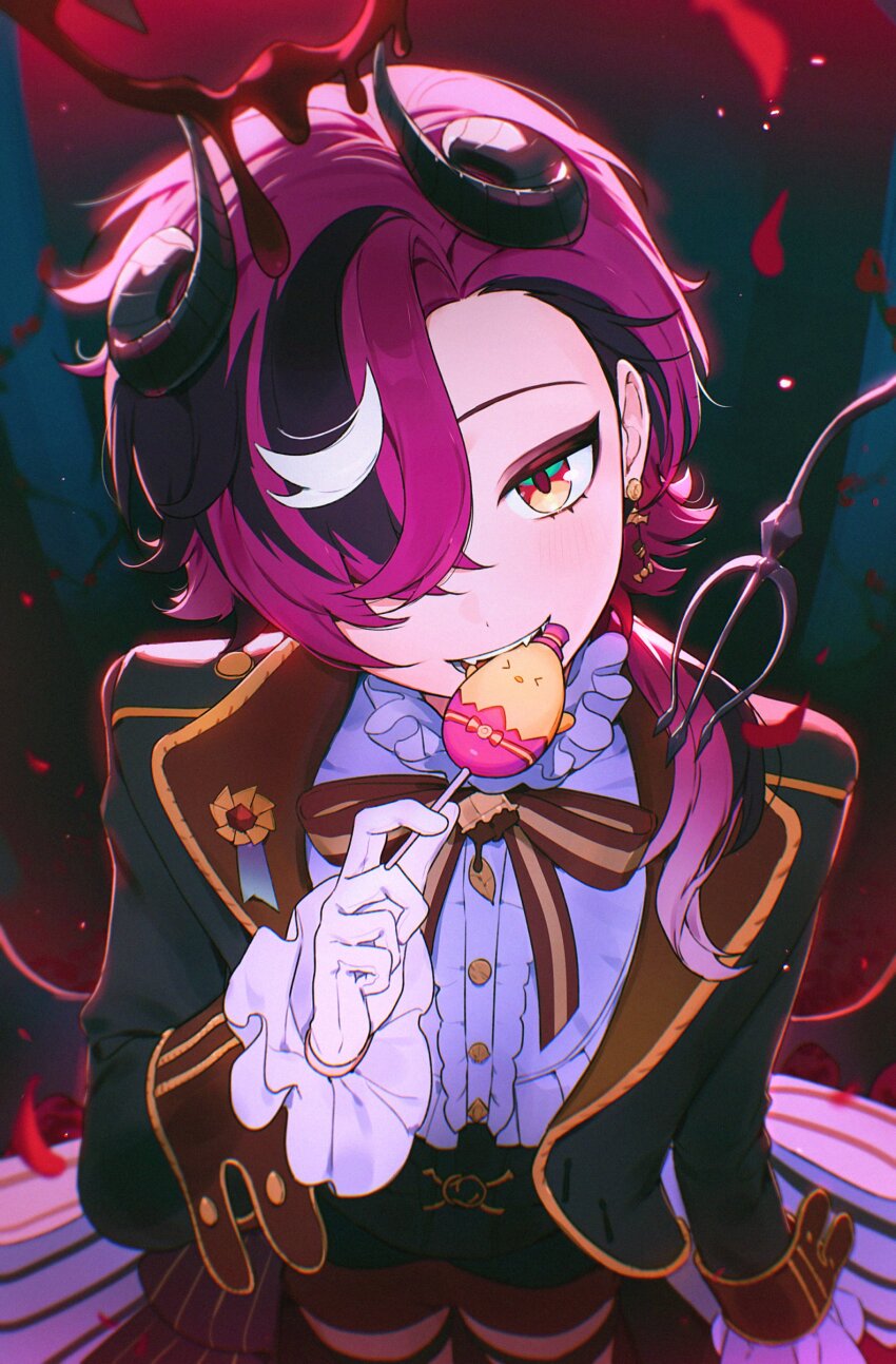 1boy absurdres black_hair blazer blood blood_halo bow bowtie candy cowboy_shot curled_horns doppio_dropscythe doppio_dropscythe_(3rd_costume) dress_shirt earrings fangs food forked_tail frilled_shirt frills from_above gloves green_eyes hair_over_one_eye halo hand_up highres holding holding_candy holding_food holding_lollipop horns jacket jewelry liquid_halo lollipop lollipop_in_mouth long_sleeves looking_at_viewer low_wings male_focus multicolored_hair nijisanji nijisanji_en ouji_fashion pink_eyes purple_hair scythekick_(doppio_dropscythe) shirt shorts solo tail virtual_youtuber white_gloves white_hair wings yellow_eyes zzangto