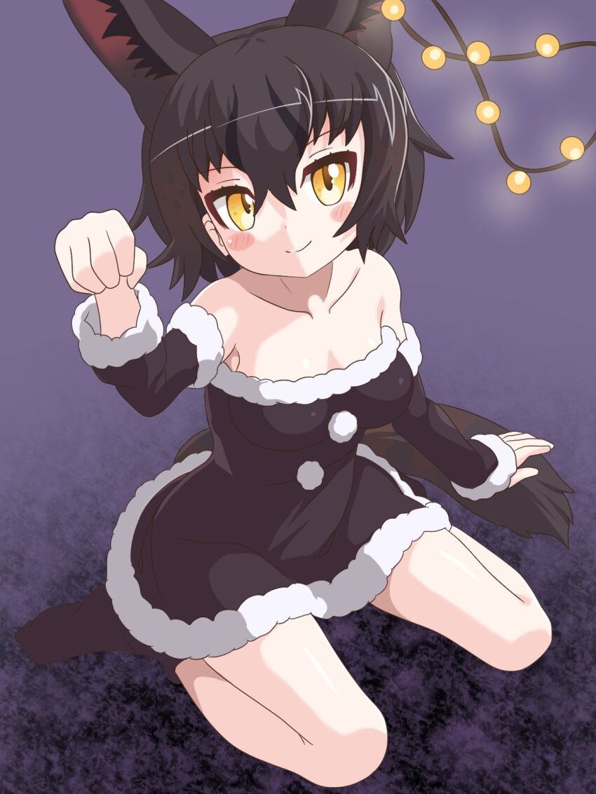 1girl alternate_costume animal_ears bare_legs bare_shoulders black_boots black_dress black_hair black_serval_(kemono_friends) black_sleeves blush boots cat_ears cat_girl cat_tail christmas collarbone detached_sleeves dress extra_ears fur_trim hair_between_eyes highres kemono_friends long_hair long_sleeves omumube paw_pose santa_costume santa_dress sidelocks sitting smile solo tail wariza white_fur yellow_eyes