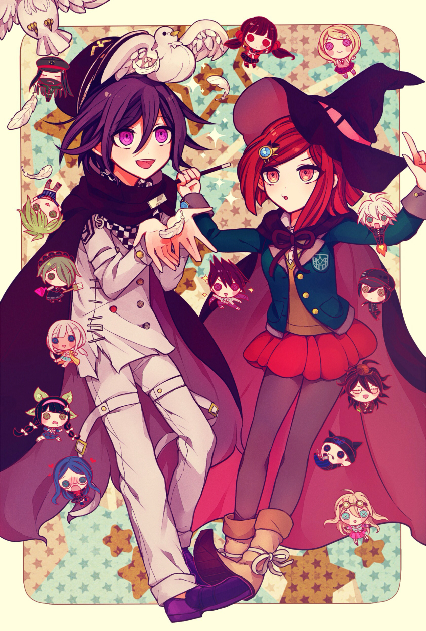 1boy 1girl absurdres akamatsu_kaede amami_rantaro bird black_cape black_hat black_jacket brown_vest button_eyes buttons cape chabashira_tenko character_doll checkered_clothes checkered_scarf chibi cloak collared_jacket collared_shirt commentary_request danganronpa_(series) danganronpa_v3:_killing_harmony doll dove falling_feathers feathers flipped_hair gem_hair_ornament gokuhara_gonta hair_between_eyes hair_ornament harukawa_maki hat hat_belt highres hoshi_ryoma iruma_miu jacket k1-b0 long_sleeves momota_kaito multicolored_buttons oma_kokichi open_mouth pants pantyhose partial_commentary peaked_cap pleated_skirt purple_eyes purple_hair red_eyes red_hair red_skirt ringed_eyes saihara_shuichi scarf school_uniform shinguji_korekiyo shirogane_tsumugi shirt short_hair skirt smile standing star_(symbol) thigh_strap tojo_kirumi two-tone_scarf vest witch_hat yokosuka_(jyamuojisan7) yonaga_angie yumeno_himiko