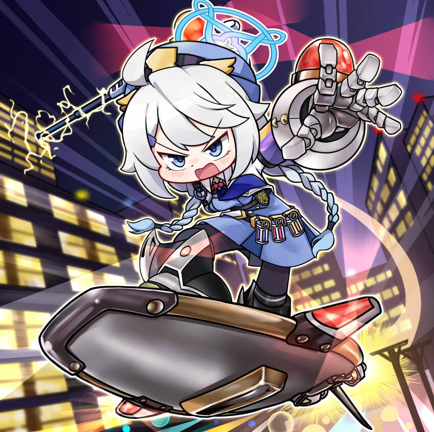 1girl absurdres ahoge alarm_siren baton_(weapon) blue_archive blue_eyes braid building chibi city derivative_work duel_monster electricity full_body halo highres hoverboard inspector_boarder kirino_(blue_archive) low_twin_braids maomaoquing mechanical_arms night parody police serious solo twin_braids weapon white_hair yu-gi-oh!