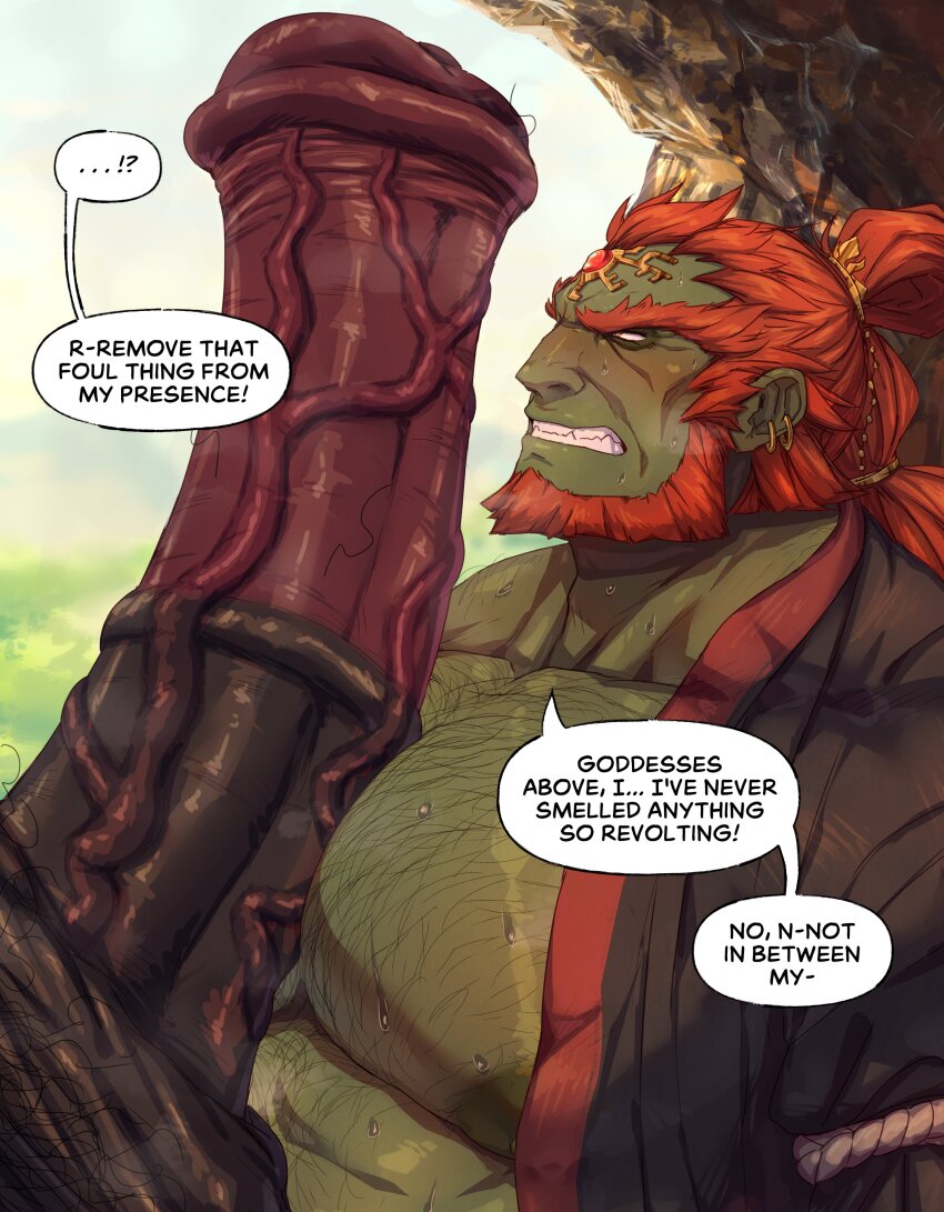 2boys absurdres alternate_pectoral_size animal_penis bara beard blush chest_hair colored_skin commentary ear_piercing english_commentary english_text facial_hair ganondorf ghangaji gigantic_penis green_skin highres horse_penis huge_pectorals interspecies large_areolae long_hair lynel male_focus mature_male multiple_boys muscular muscular_male nintendo nipples pectorals penis piercing puffy_chest red_hair solo_focus speech_bubble sweat the_legend_of_zelda the_legend_of_zelda:_tears_of_the_kingdom variant_set veins veiny_penis yaoi