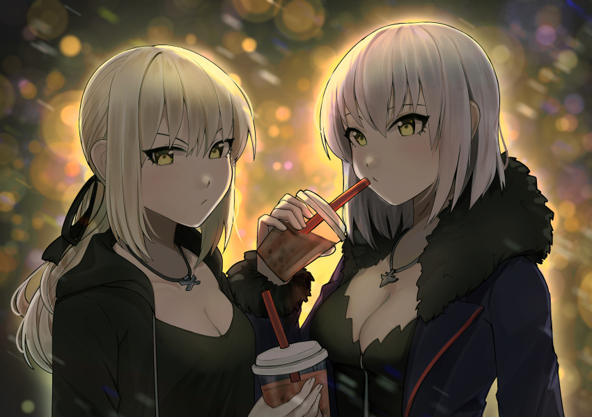 2girls alternate_hairstyle artoria_pendragon_(fate) backlighting black_dress black_ribbon blonde_hair blue_coat blurry blurry_background blush breasts bubble_tea cleavage coat cup disposable_cup dress drinking_straw fate/grand_order fate_(series) fur_trim hair_ribbon highres hood hood_down hoodie jeanne_d&#039;arc_(fate) jeanne_d&#039;arc_alter_(avenger)_(fate) jeanne_d&#039;arc_alter_(fate) jeanne_d&#039;arc_alter_(ver._shinjuku_1999)_(fate) jewelry kumaartsu low_ponytail medium_breasts medium_hair multiple_girls necklace night official_alternate_costume open_clothes open_coat open_hoodie pixiv_fate/grand_order_contest_1 ponytail ribbon saber_alter saber_alter_(ver._shinjuku_1999) saber_alter_(ver._shinjuku_1999)_(fate) short_hair silver_hair standing upper_body wicked_dragon_witch_ver._shinjuku_1999 yellow_eyes