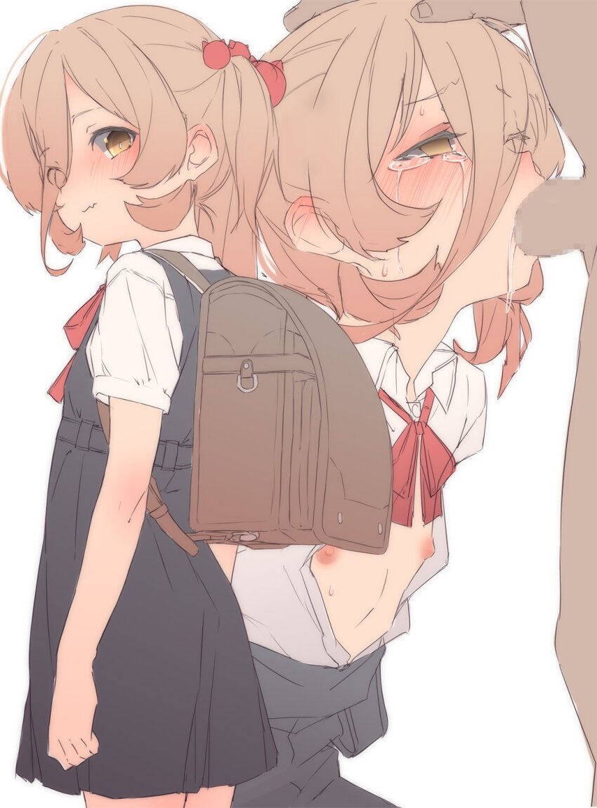 1boy 1girl aged_down backpack bag blonde_hair blush censored crying crying_with_eyes_open dress fellatio flat_chest hand_on_another&#039;s_head hetero highres loli looking_at_viewer mosaic_censoring nijisanji nipples nui_sociere oral osanai_sanday penis randoseru school_uniform short_hair short_twintails tears twintails yellow_eyes
