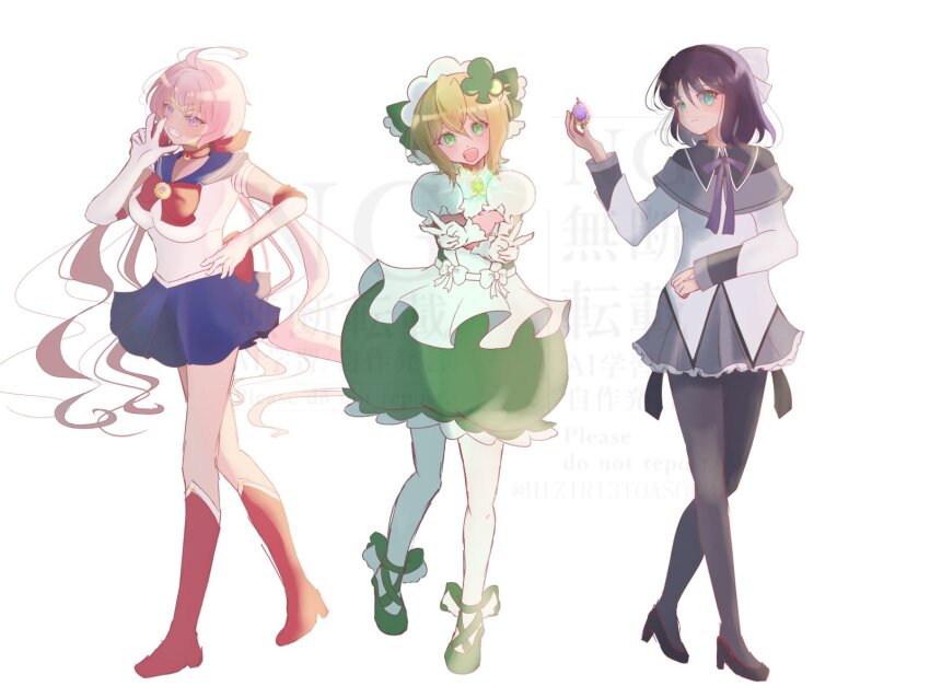 3girls akatsuki_kirika akemi_homura akemi_homura_(cosplay) akemi_homura_(magical_girl) bishoujo_senshi_sailor_moon black_hair blonde_hair blue_skirt bow cosplay dress green_eyes green_footwear hair_ornament high_heels highres hiziri3toasobo kohinata_miku long_hair mahou_shoujo_madoka_magica multiple_girls pantyhose purple_eyes red_bow red_footwear sailor sailor_moon sailor_moon_(cosplay) senki_zesshou_symphogear skirt white_background white_dress white_hair yukine_chris