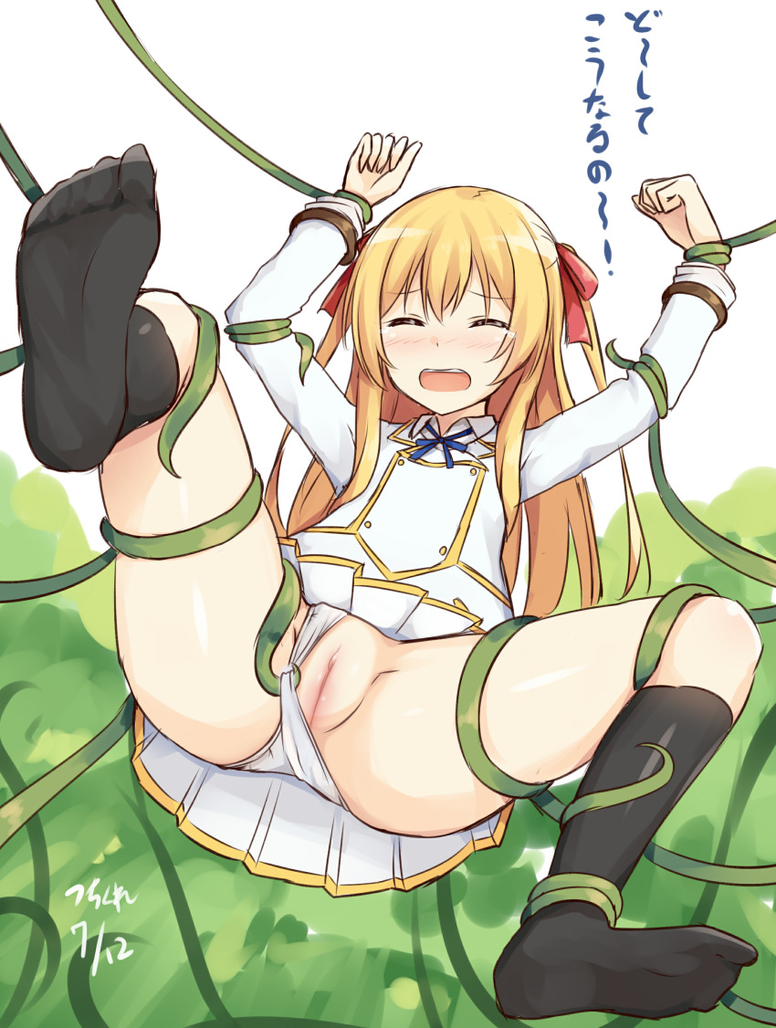 10s 1girl absurdres artist_name black_socks blonde_hair blush cleft_of_venus clitoris closed_eyes clothing_aside dated gradient_background hair_ribbon highres imminent_rape japanese_text joukamachi_no_dandelion kneehighs loli long_hair nude_filter open_mouth panties panties_aside pussy restrained ribbon sakurada_hikari school_uniform signature skirt socks solo spread_legs tears tentacles third-party_edit tsuchikure uncensored underwear upskirt white_panties