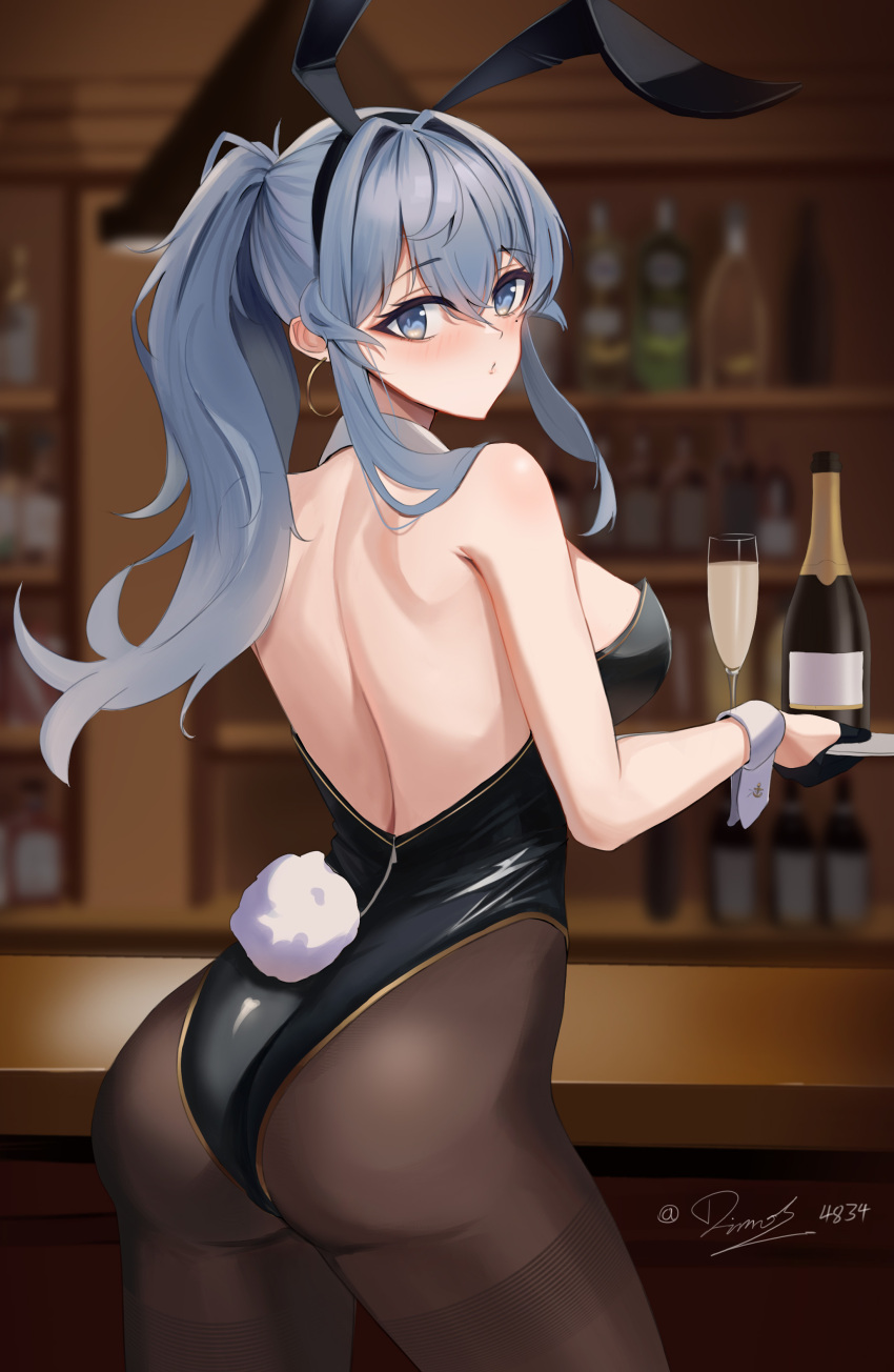1girl absurdres alcohol animal_ears ass bar_(place) bare_back bare_shoulders black_gloves black_leotard blue_eyes blue_hair blush brown_pantyhose champagne counter cowboy_shot cup detached_collar dimos_(dawn_1945) double-parted_bangs drinking_glass earrings fake_animal_ears fake_tail gloves gotland_(kancolle) hair_intakes highleg highleg_leotard highres holding holding_tray jewelry kantai_collection leotard long_hair looking_at_viewer looking_back mole mole_under_eye pantyhose playboy_bunny ponytail rabbit_ears rabbit_tail shadow sidelocks solo standing table tail thighs tray watermark wooden_table wrist_cuffs
