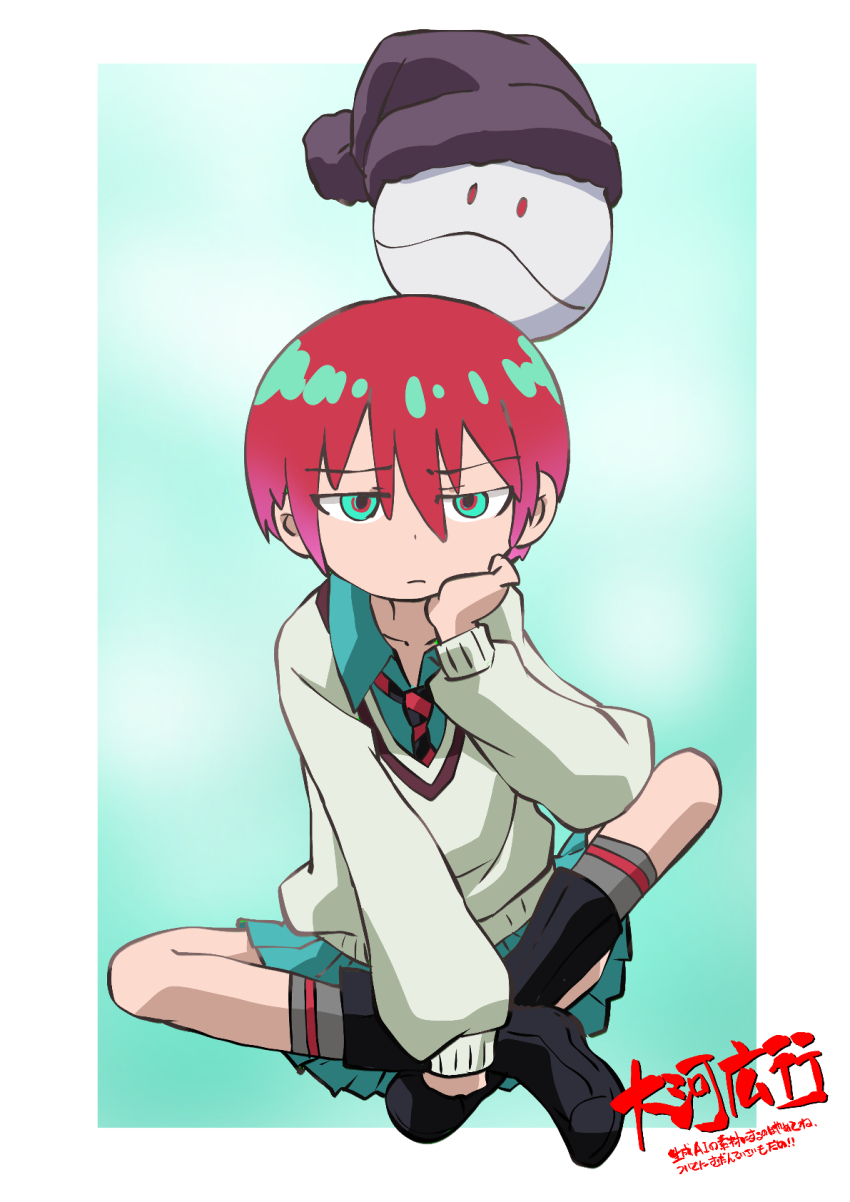 1girl amate_yuzuriha aqua_eyes closed_mouth crossed_legs gundam gundam_gquuuuuux haro hat highres long_sleeves looking_at_viewer mecha necktie red_hair robot school_uniform science_fiction shirt short_hair sitting skirt sweater taiga_hiroyuki