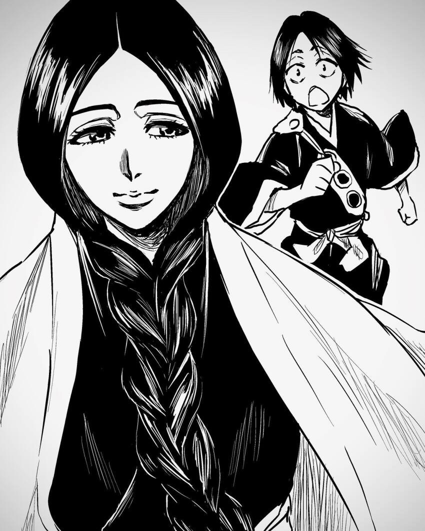 1boy 1girl bleach braid clenched_hands commentary_request haori highres japanese_clothes kudou_masashi lips long_hair monochrome open_mouth shihakusho single_braid smile taichou_haori unohana_retsu yamada_hanatarou