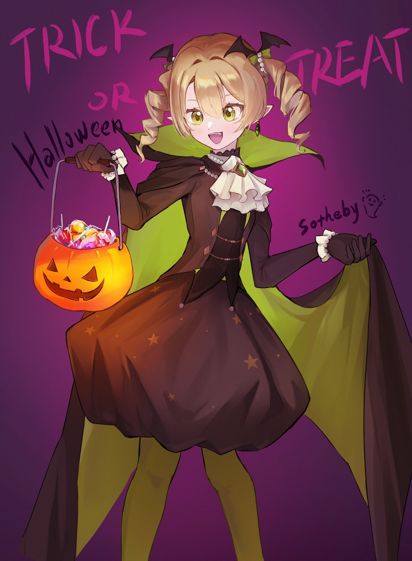 1girl :d absurdres alternate_costume ascot bat_hair_ornament black_gloves black_shirt black_skirt blonde_hair bubble_skirt bucket candy cape cape_grab cape_hold character_name clothes_grab drill_hair earrings feet_out_of_frame food gloves green_cape green_eyes green_pantyhose hair_ornament halloween halloween_bucket halloween_costume highres holding holding_bucket jewelry lollipop looking_down medium_hair miniskirt open_mouth pantyhose pingfan_de_mao pointy_ears print_skirt purple_background reverse:1999 shirt skirt smile solo sotheby standing star_(symbol) star_print trick_or_treat twin_drills twintails white_ascot
