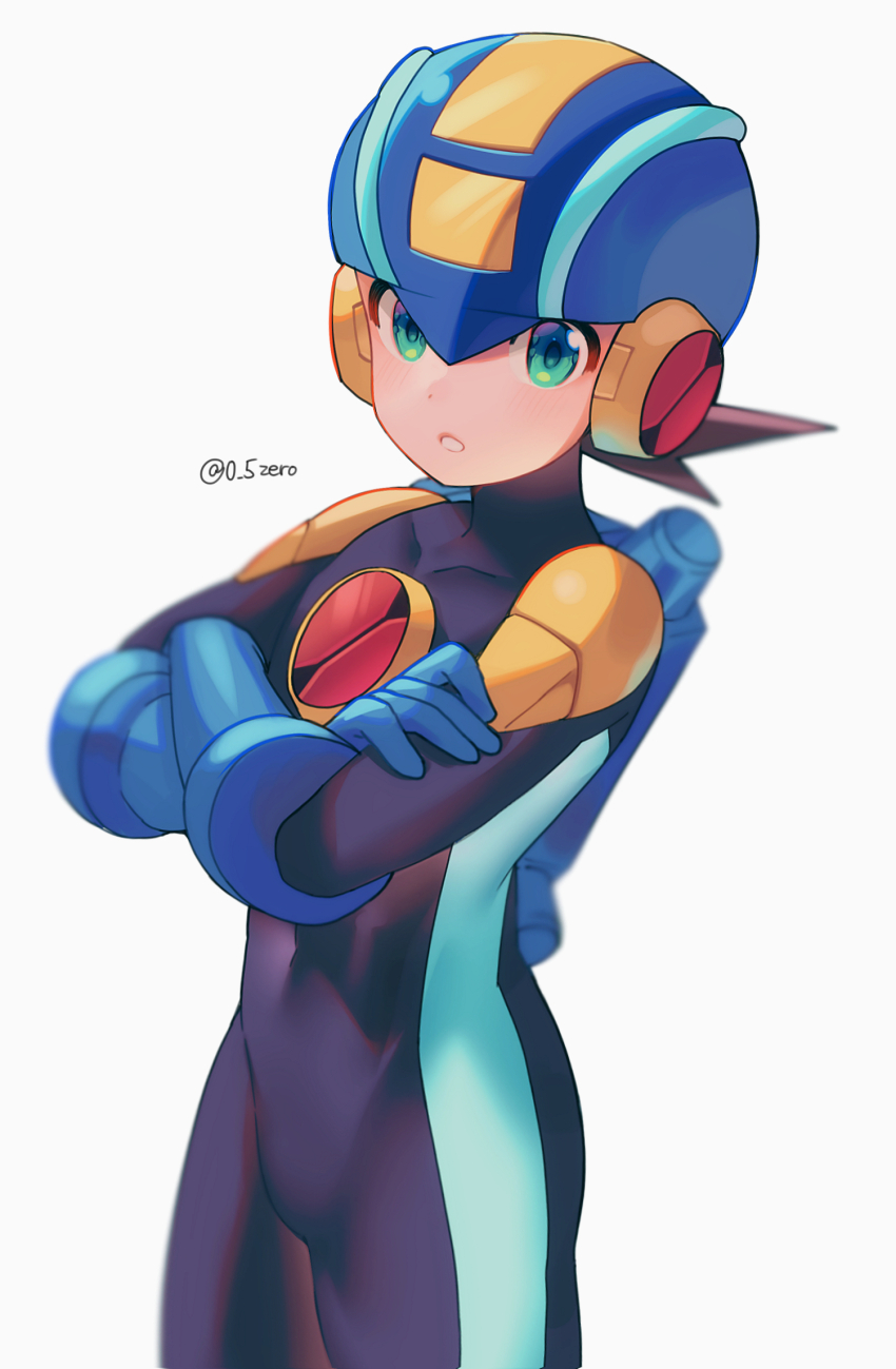 1boy blue_headwear blue_helmet blurry bodysuit brown_hair covered_collarbone covered_navel crossed_arms depth_of_field green_eyes grey_background helmet highres looking_at_viewer male_focus mega_man_(series) mega_man_battle_network_(series) megaman.exe parted_lips purple_bodysuit short_hair simple_background solo spiked_hair standing twitter_username zero-go
