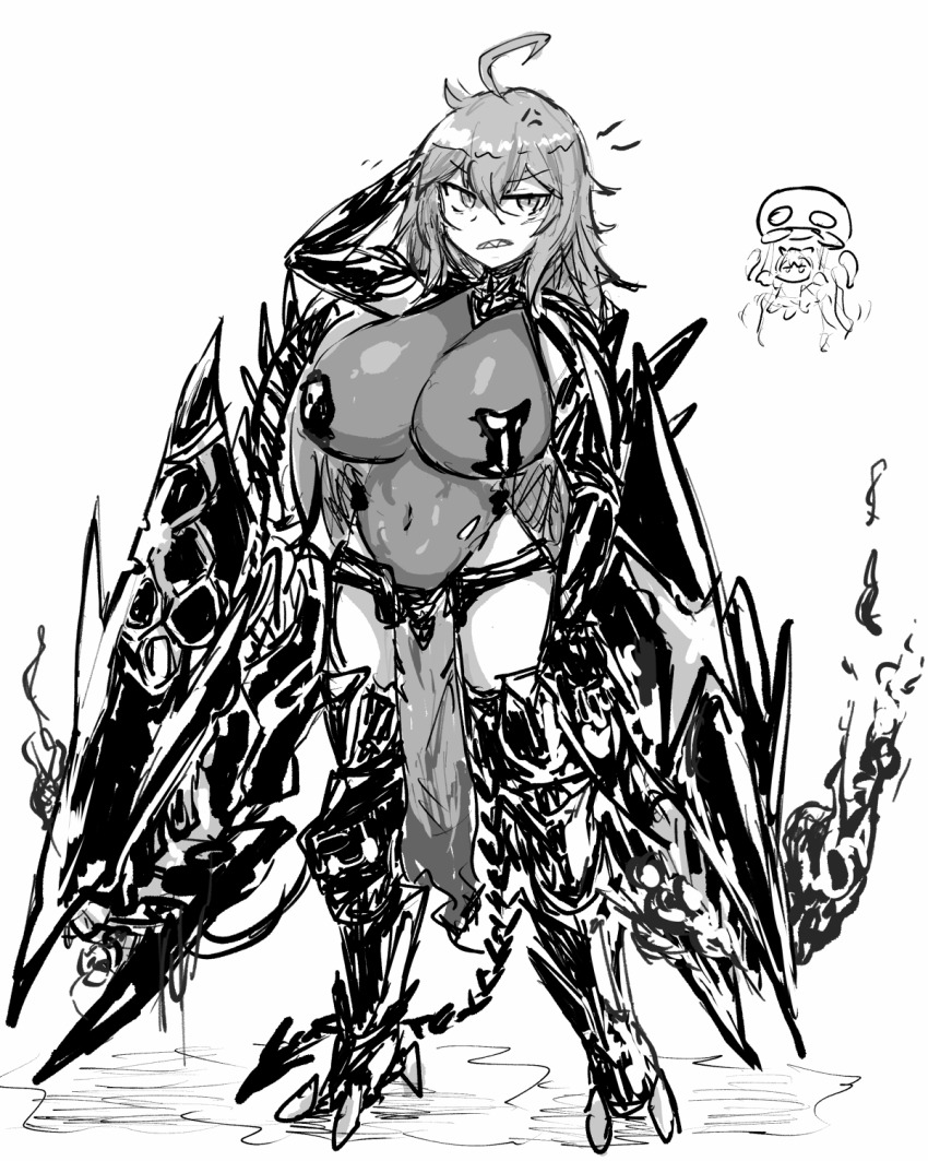 2girls ahoge anger_vein arm_armor arm_behind_head armor armored_leotard bodystocking boobplate breastplate breasts chibi chibi_inset cleavage covered_navel geist43195783 goddess_of_victory:_nikke greyscale hair_between_eyes hair_intakes highres huge_breasts leg_armor leotard liberalio_(nikke) long_hair mechanical_tail monochrome multiple_girls nihilister_(nikke) see-through_clothes see-through_cleavage sharp_teeth sidelocks sketch tail teeth torn_bodystocking torn_clothes
