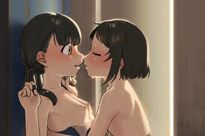 2girls bare_shoulders black_hair blush bob_cut breasts brown_eyes closed_eyes clothes_pull face-to-face from_side imminent_kiss indoors locker low_twintails multiple_girls nipples one-piece_swimsuit_pull original profile saragebu sidelighting small_breasts tareme twintails webp-to-png_conversion wet yuri