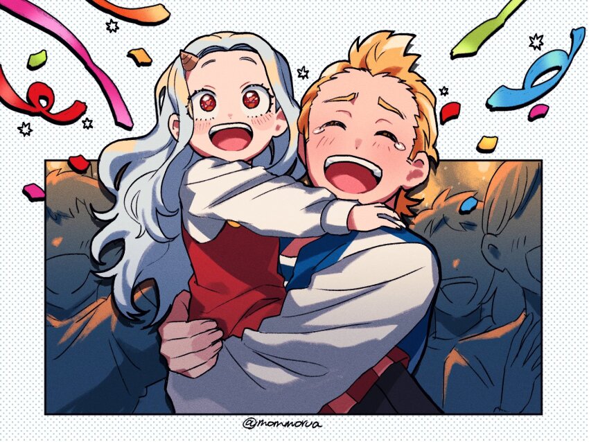 1boy 1girl artist_name blonde_hair blush boku_no_hero_academia child commentary crying eri_(boku_no_hero_academia) highres horns long_hair mommorua open_mouth overalls red_eyes red_overalls shirt short_hair silhouette single_horn streamers symbol-only_commentary teeth togata_mirio upper_teeth_only white_hair white_shirt