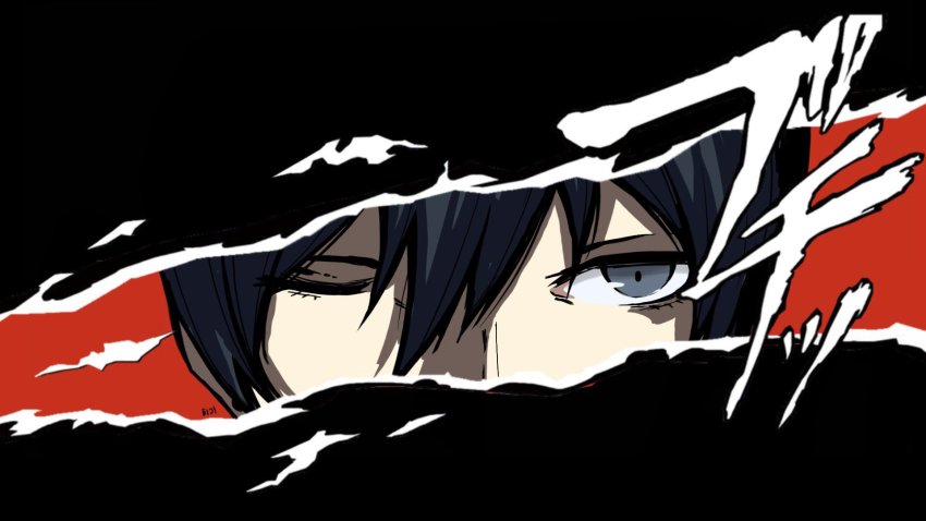 1boy black_hair chainsaw_man close-up eiji_nochi eye_focus hair_between_eyes hayakawa_aki highres looking_at_viewer one_eye_closed parody persona persona_5 persona_eyes red_background short_hair solo style_parody
