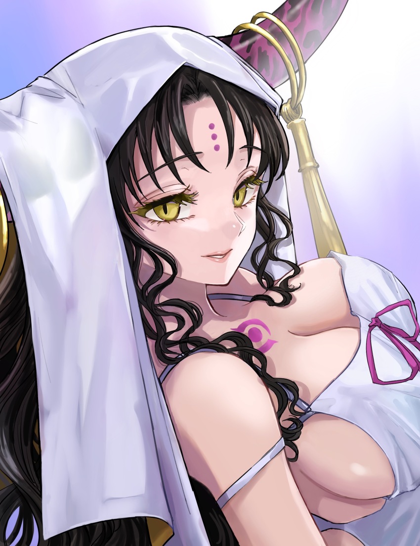 1girl absurdres bare_shoulders black_hair breasts chest_tattoo cleavage commentary demon_horns dress facial_mark fate/grand_order fate_(series) from_side ginshima_jill hair_over_shoulder highres horn_ornament horns large_breasts long_hair looking_at_viewer mature_female parted_lips seductive_smile sessyoin_kiara sessyoin_kiara_(heaven&#039;s_hole) smile solo tattoo teeth white_dress yellow_eyes