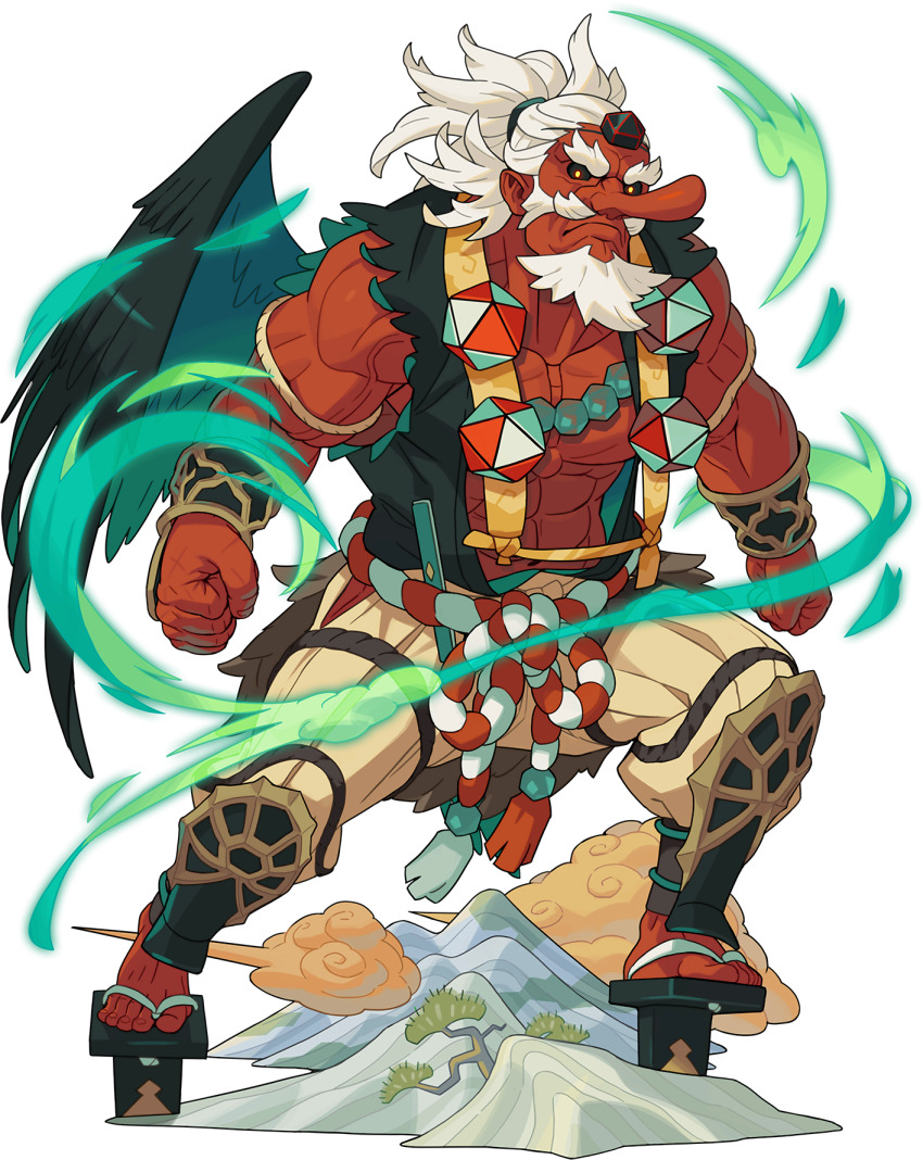 1boy abs artist_request aura beard biceps black_footwear black_hat black_sclera black_wings bonsai bracer clenched_hands closed_mouth cloud colored_sclera colored_skin day facial_hair feathered_wings feathers full_body geta gouran_(world_flipper) green_vest hair_tie hat highres icosahedron jewelry kouhaku_nawa large_pectorals legs_apart long_nose looking_at_viewer male_focus medium_hair mini_hat mountain muscular muscular_male mustache necklace non-web_source official_art open_clothes open_vest outdoors pants pectorals ponytail red_skin rope sandals shimenawa shin_guards solo standing tengu tengu-geta thick_eyebrows tokin_hat torn_vest traditional_youkai transparent_background tree veins vest white_hair wings world_flipper yellow_eyes yellow_pants