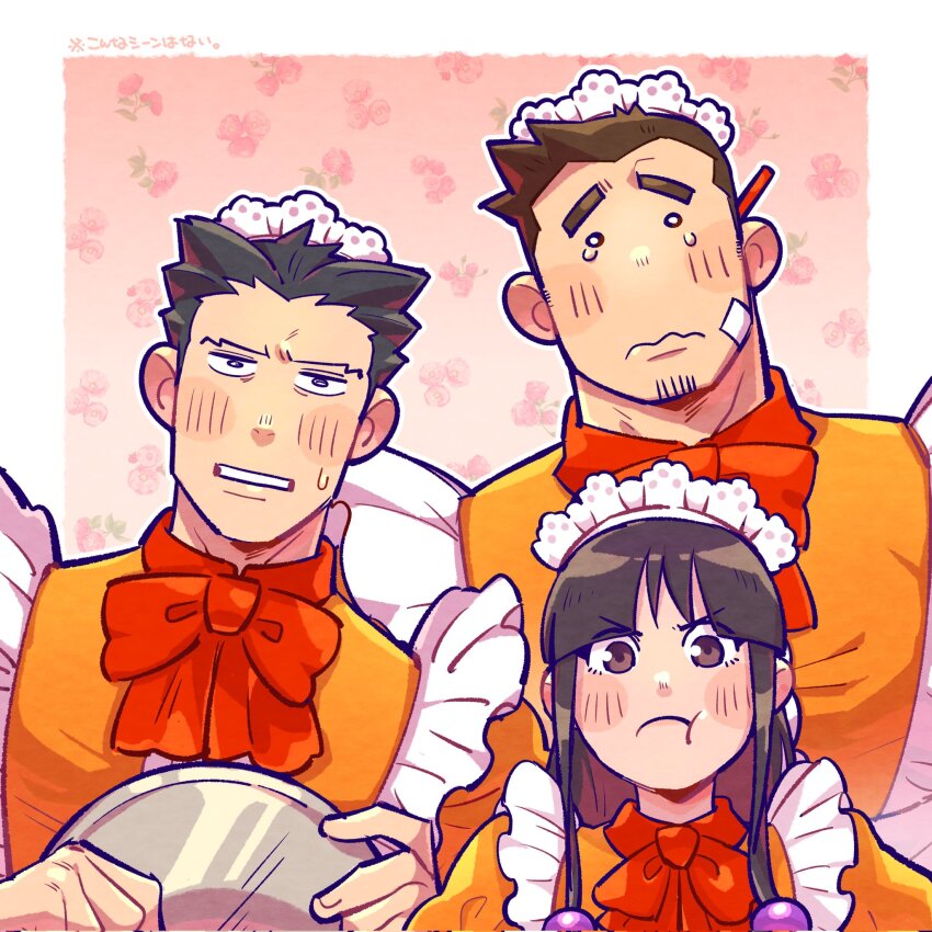 1girl 2boys ace_attorney apron black_hair border bow crossdressing dick_gumshoe dress facial_hair fingernails goatee_stubble highres holding holding_tray maid_headdress maya_fey multiple_boys orange_bow orange_dress pencil_behind_ear phoenix_wright phoenix_wright:_ace_attorney_-_trials_and_tribulations pout short_hair stubble sweatdrop tears tray wavy_mouth white_apron white_border yowasabimechaoc