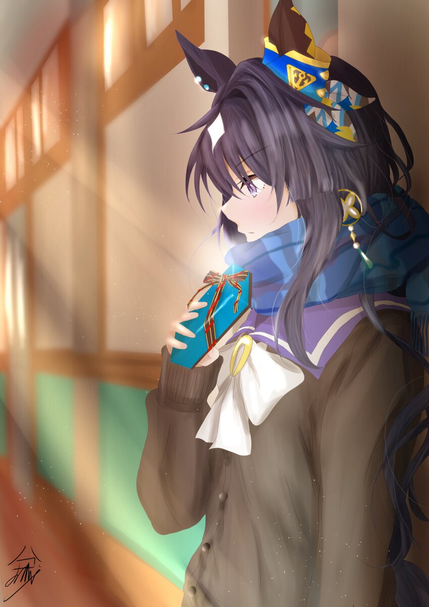 1girl absurdres animal_ears black_hair blue_scarf blurry blurry_background bow bowtie box brown_cardigan cardigan commentary_request from_side gift gift_box hakojuri hallway highres holding holding_box holding_gift horse_ears horse_girl horseshoe_ornament long_hair long_sleeves multicolored_hair scarf signature solo streaked_hair umamusume upper_body verxina_(umamusume) white_bow white_bowtie white_hair