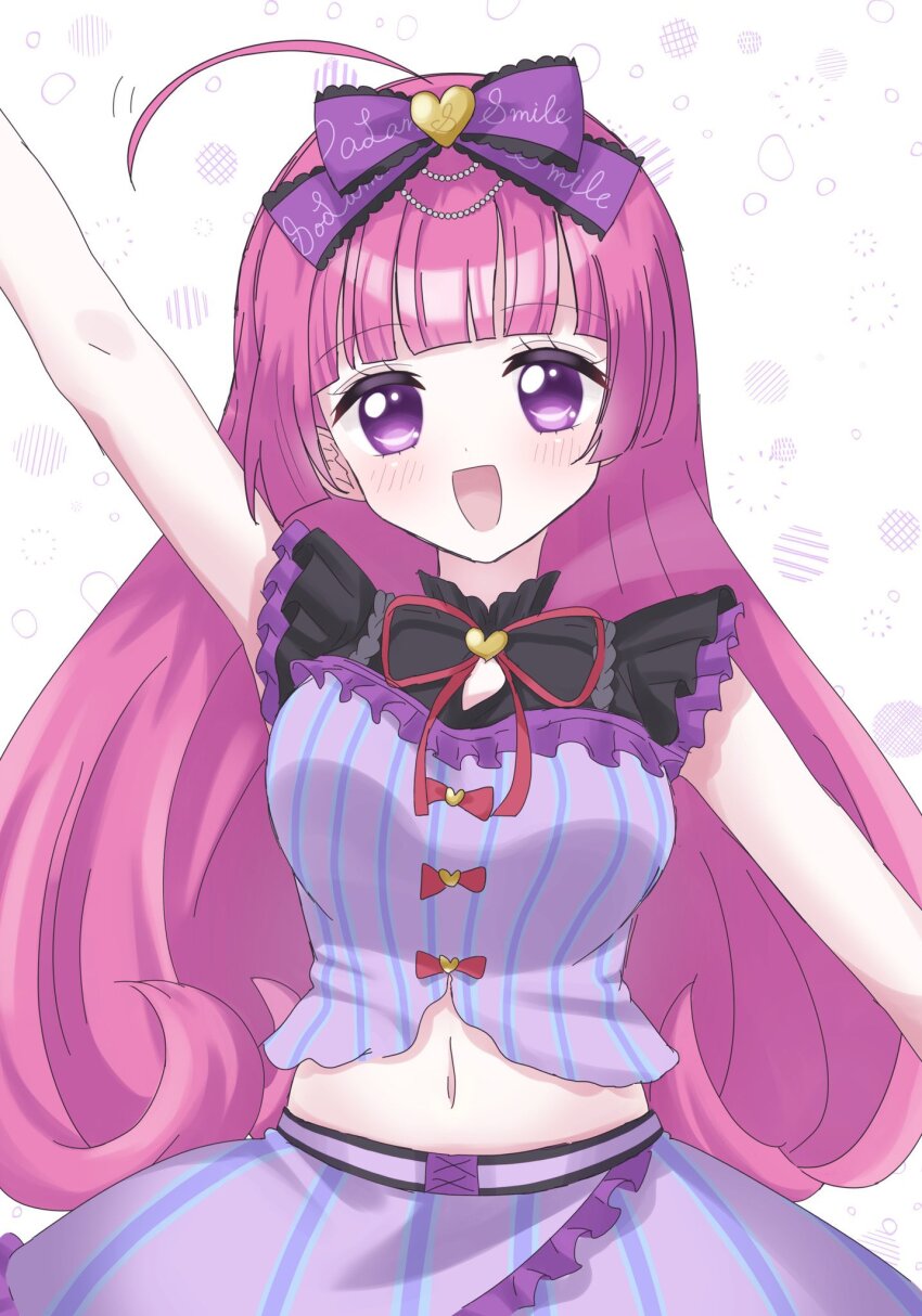 1girl :d ahoge arm_up azuki_(gobi_cutter) blunt_bangs blush bow clothing_cutout commentary_request dress frilled_shirt frills hair_bow highres hojo_sophy idol_clothes long_hair multicolored_shirt navel open_mouth pretty_series pripara purple_eyes red_hair shirt skirt smile stomach_cutout