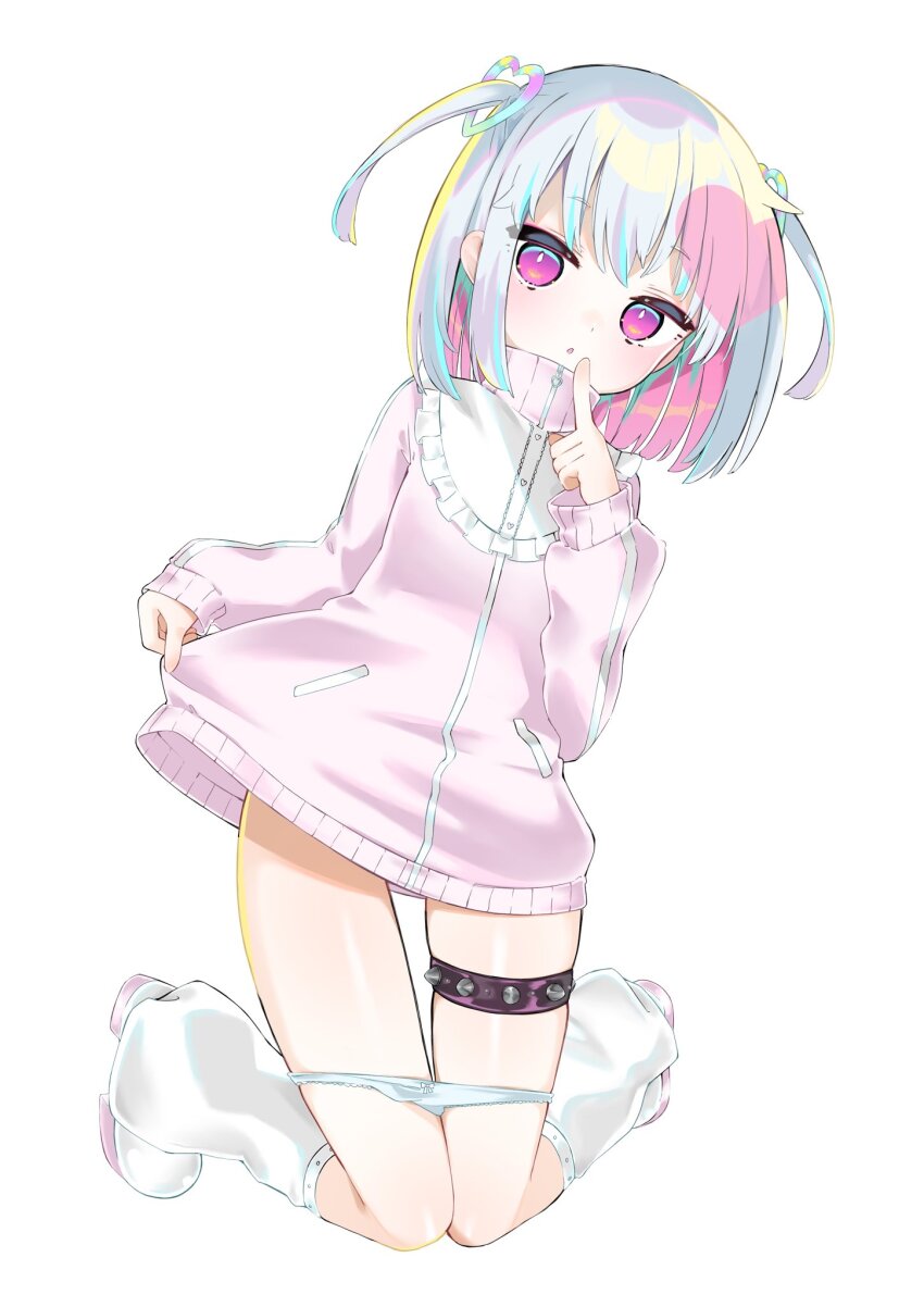 1girl alternate_costume blush boots colored_inner_hair dohna_dohna_issho_ni_warui_koto_o_shiyou full_body hair_ornament heart heart_hair_ornament highres jacket kneeling looking_at_viewer loose_socks multicolored_hair panties panty_pull parted_lips pink_eyes pink_hair porno_(dohna_dohna) short_hair simple_background socks solo spiked_thigh_strap subetehakai thigh_gap thigh_strap two-tone_hair two_side_up underwear white_background white_hair white_panties