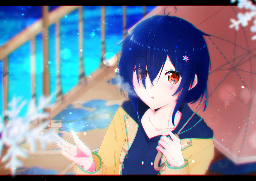 1girl 22/7 ahoge blue_hair blue_hoodie blurry brown_coat brown_eyes coat collarbone dark_blue_hair depth_of_field furoggu-gaburi highres holding holding_umbrella hood hoodie lens_flare letterboxed long_sleeves looking_at_viewer outdoors parted_lips short_hair snowflakes snowing solo takigawa_miu umbrella upper_body winter