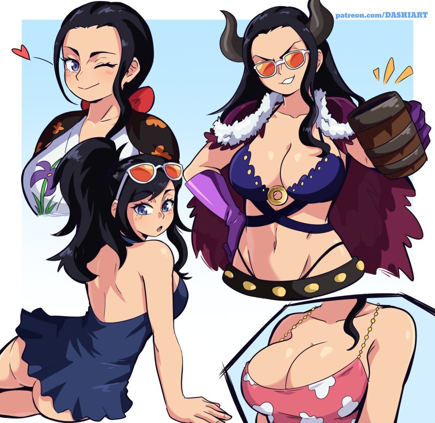 1girl ass beast_pirates_uniform black_hair blue_eyes breasts cape cleavage closed_mouth dashi_(dashiart) dress eyewear_on_head fake_horns gloves heart highres horns large_breasts long_hair multiple_views navel nico_robin nico_robin_(dressrosa) nico_robin_(onigashima) nico_robin_(punk_hazard) one_eye_closed one_piece ponytail sitting smile smirk sunglasses v-shaped_eyebrows wink