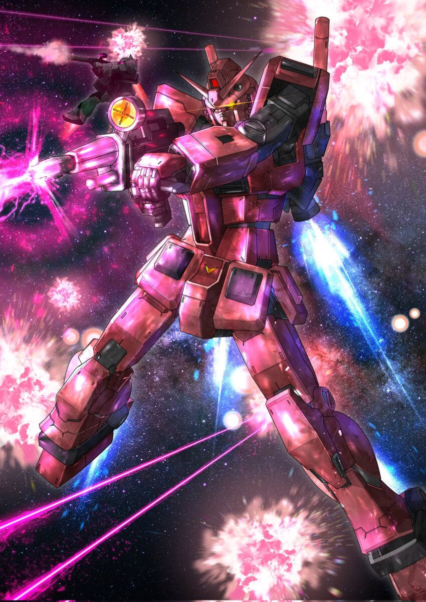 battle beam_rifle energy_gun glowing glowing_eye gun gundam gundam_gihren_no_yabou highres holding holding_gun holding_weapon mecha mecha_focus mechaklear military mobile_suit mobile_suit_gundam no_humans one-eyed red_eyes robot rx-78-2_gundam rx-78-2_gundam_casval_custom science_fiction shield shoulder_spikes space spikes thrusters v-fin weapon yellow_eyes zaku_ii zeon