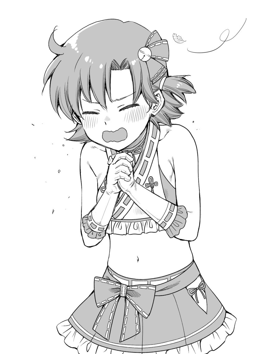 1girl ahoge armpit_crease bell bikini blush bow breasts closed_eyes collarbone concept_maihime_(idolmaster) dot_nose elbow_gloves falling_leaves forehead frilled_gloves frilled_shirt frilled_skirt frills gloves greyscale hair_bell hair_ornament hair_ribbon highres idolmaster idolmaster_million_live! idolmaster_million_live!_theater_days leaf matcha_kingyo midriff monochrome navel nontraditional_miko official_alternate_costume open_mouth own_hands_together parted_bangs pleated_skirt ribbon shirt short_hair side-tie_bikini_bottom simple_background skirt sleeveless sleeveless_shirt small_breasts sneezing solo swimsuit upper_body v-shaped_eyebrows waist_bow wavy_mouth white_background wind yabuki_kana