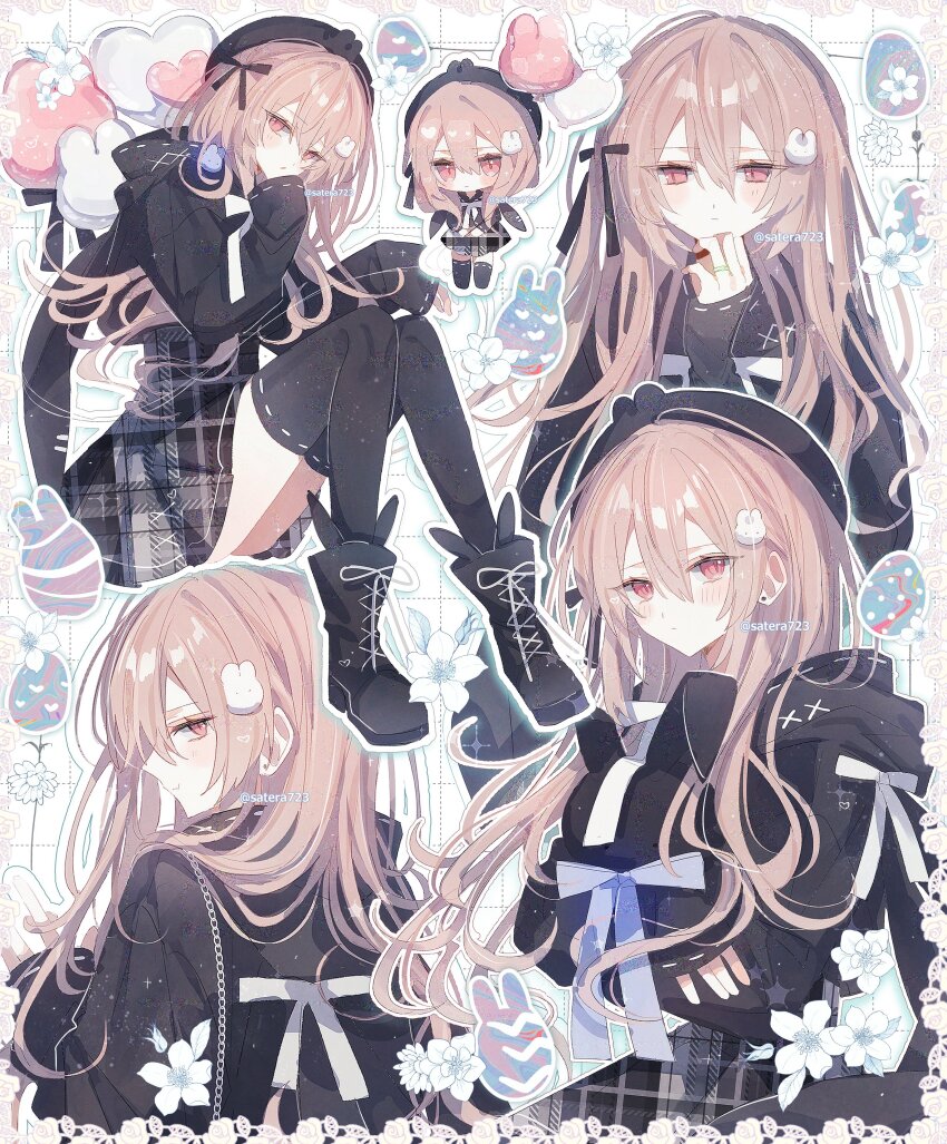 1girl absurdres balloon black_boots black_shirt black_thighhighs blue_bow boots bow brown_hair closed_mouth flower hair_between_eyes hair_ornament highres knees_up long_hair looking_at_viewer original pink_eyes plaid_clothes plaid_skirt rabbit_hair_ornament shirt skirt sleeves_past_fingers sleeves_past_wrists thighhighs white_flower yakinikusakoku