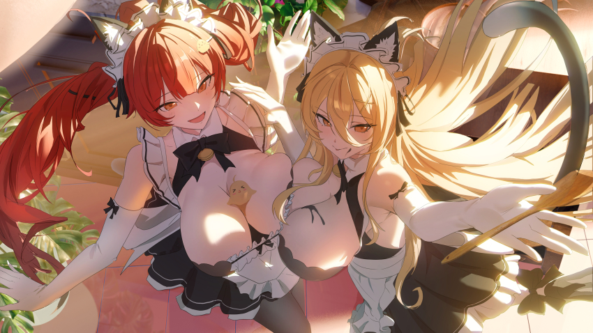 2girls absurdres alternate_costume apron azur_lane black_ribbon blush breasts cleavage elbow_gloves frills gloves hair_between_eyes hair_ribbon hat highres honolulu_(azur_lane) huge_breasts implacable_(azur_lane) large_breasts long_hair looking_at_viewer maid maid_apron maid_headdress manjuu_(azur_lane) multiple_girls open_mouth red_eyes red_hair ribbon smile thighhighs twintails very_long_hair waist_apron white_apron white_gloves white_thighhighs yuyiosang
