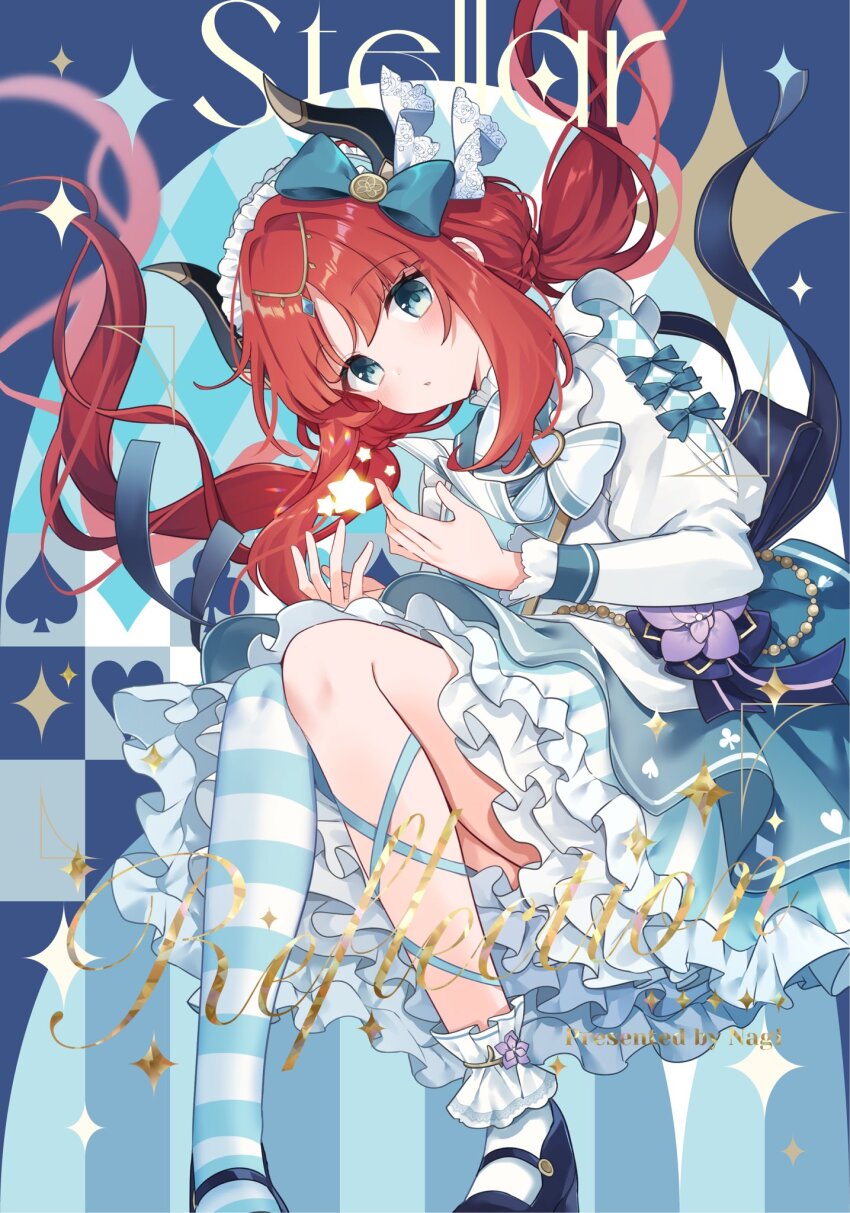 1girl alternate_costume aqua_eyes asymmetrical_legwear black_footwear blue_gemstone bow cover cover_page dress fake_horns gem genshin_impact hair_bow hands_up highres horns layered_dress long_hair long_sleeves looking_at_viewer low_twintails mismatched_legwear nilou_(genshin_impact) parted_lips red_hair shirase_(shirose) socks solo star_(symbol) striped_clothes striped_thighhighs thighhighs twintails white_socks