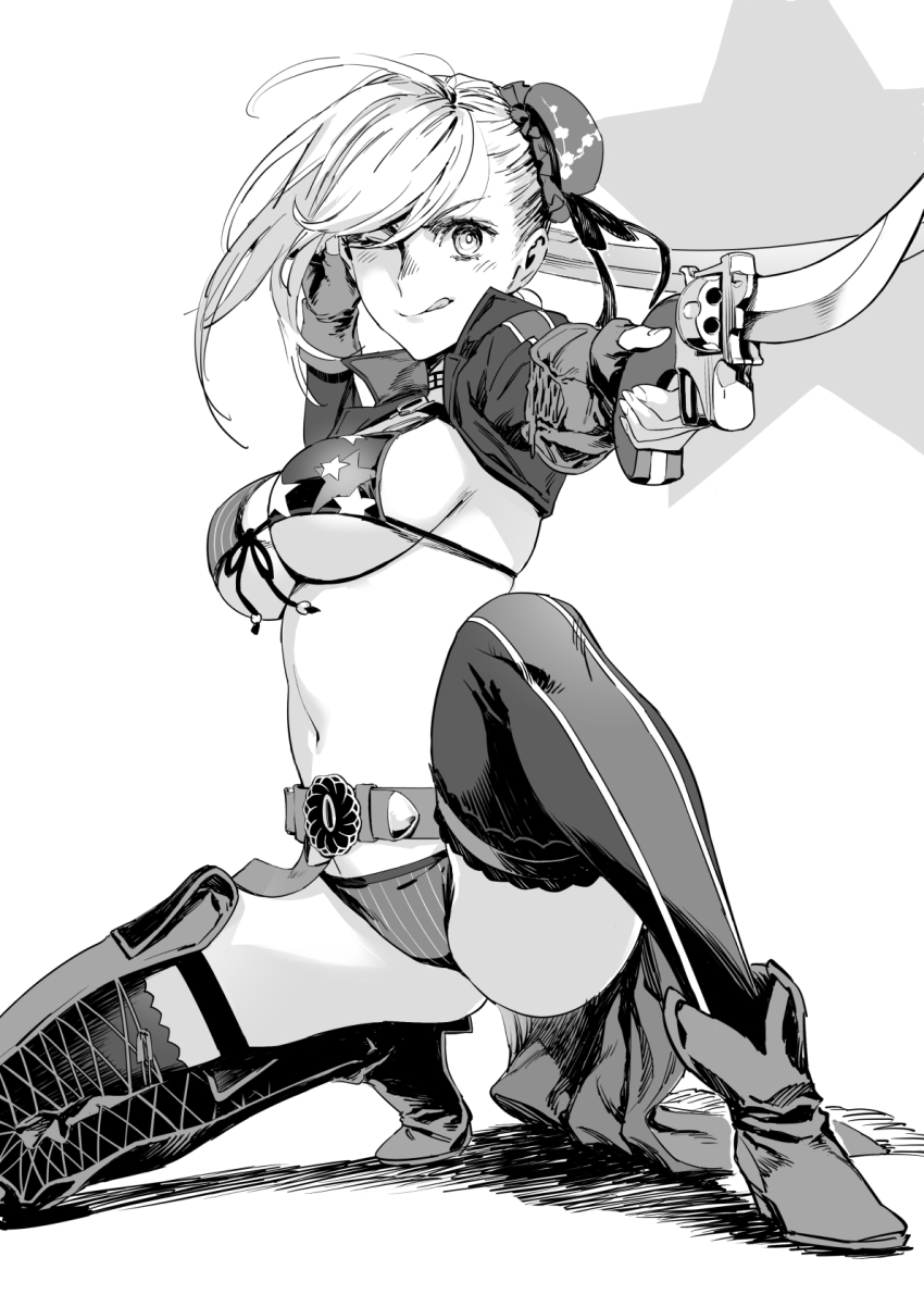 1girl :q american_flag american_flag_bikini american_flag_print belt bikini boots bow breasts bun_cover fate/grand_order fate_(series) female_focus flag_print flag_print_bikini greyscale gunblade hair_bow hair_bun highres lace-up_boots large_breasts midriff miyamoto_musashi_(fate) miyamoto_musashi_(fate/grand_order) miyamoto_musashi_(swimsuit_berserker)_(fate) miyamoto_musashi_(swimsuit_berserker)_(second_ascension)_(fate) monochrome navel on_one_knee pointing print_bikini shading shrug_(clothing) single_hair_bun solo star_(symbol) swimsuit takuan_(takuanlunch) thigh_boots thighhighs tongue tongue_out underboob weapon
