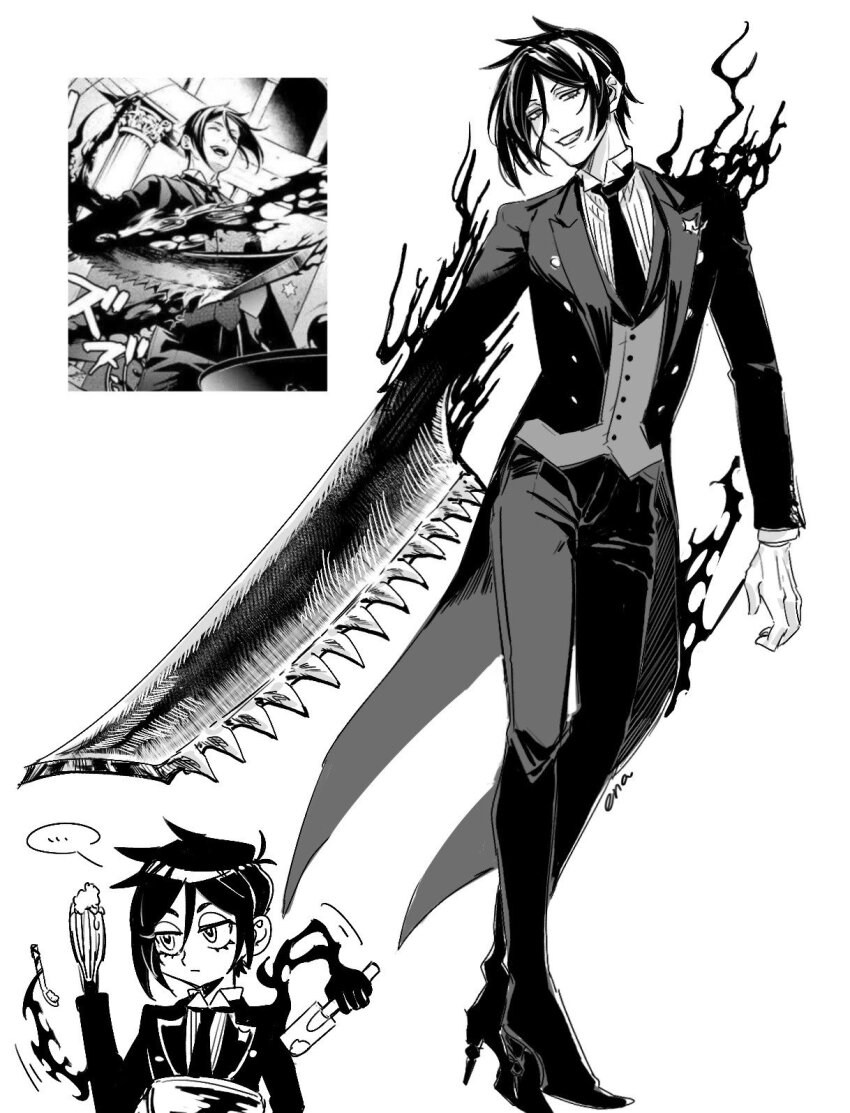 1boy black_hair black_pants black_suit butler ciel_phantomhive ena33333333 formal_clothes gloves greyscale hair_between_eyes highres kuroshitsuji male_focus monochrome necktie pants sebastian_michaelis shirt short_hair smile suit victorian white_gloves