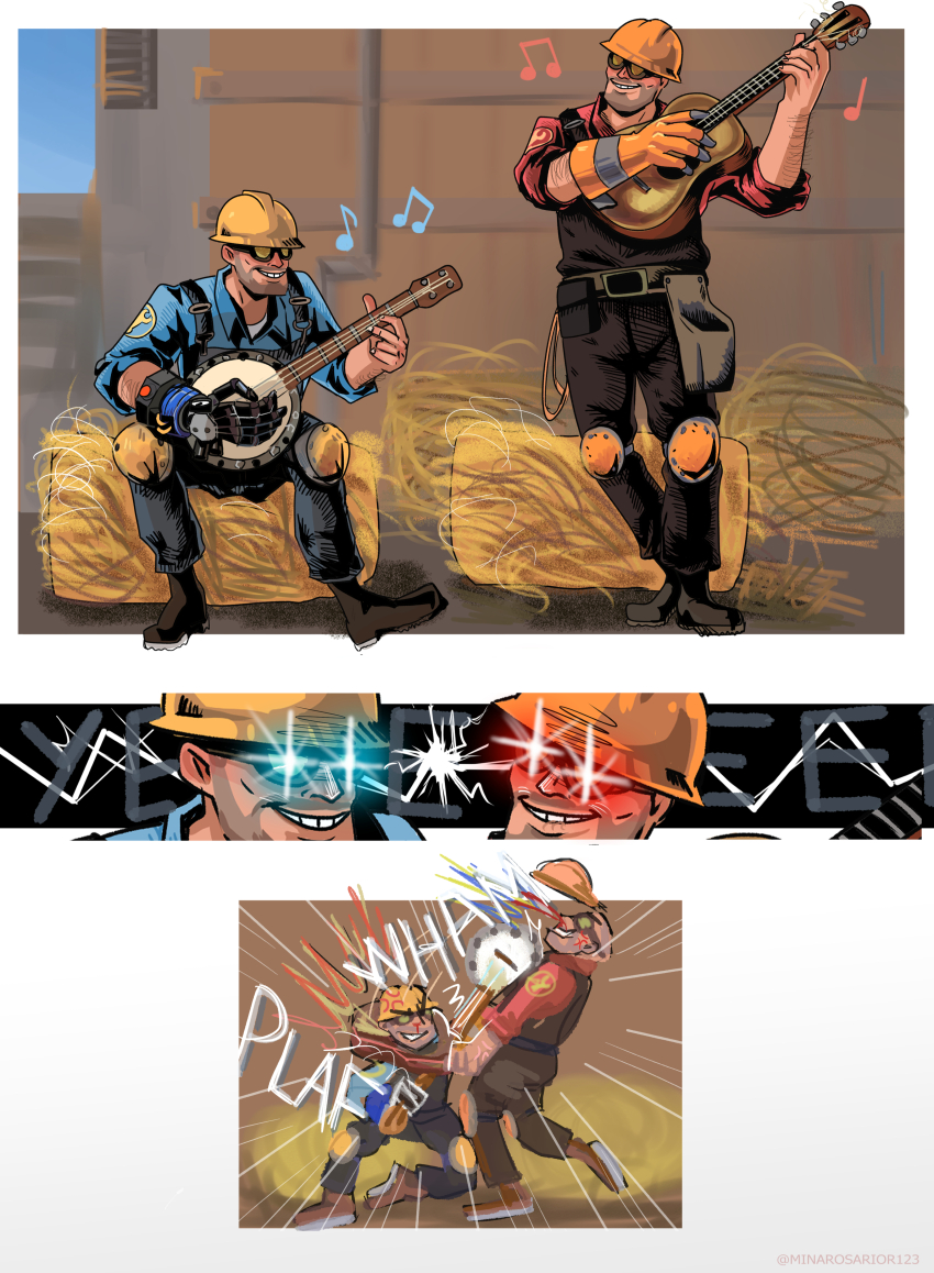absurdres banjo blu_engineer_(tf2) blue_eyes engineer engineer_(tf2) guitar hay highres hitting holding holding_instrument instrument laser minarosario red_engineer_(tf2) red_eyes round_eyewear sound_effects team_fortress_2