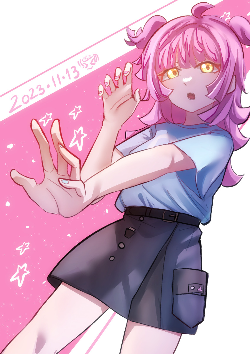 1girl absurdres dated highres looking_at_viewer love_live! love_live!_nijigasaki_high_school_idol_club medium_hair over_flow99 pink_hair short_sleeves solo tennoji_rina yellow_eyes
