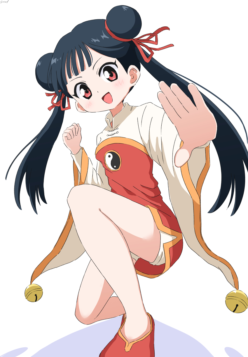 1girl absurdres black_hair cardcaptor_sakura china_dress chinese_clothes clenched_hand commentary_request cynical_(llcbluckg_c004) double_bun dress hair_bun highres li_meiling long_sleeves looking_at_viewer open_mouth red_dress red_eyes red_shoes shoes shorts simple_background solo twintails white_background white_shorts wide_sleeves