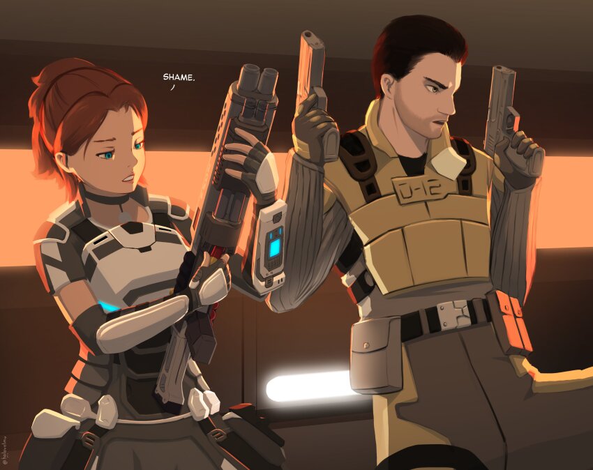 1boy 1girl absurdres ammunition_pouch backlighting beard_stubble belt_pouch black_choker black_gloves black_hair blue_eyes body_armor brown_hair bulletproof_vest choker crossover dawn_(selaco) dual_wielding english_text f.e.a.r. facial_hair finger_on_trigger fingerless_gloves gloves gun handgun highres holding holding_gun holding_weapon hot_fuzz medium_hair pendant_choker point_man_(f.e.a.r.) ponytail pouch pump_action reloading scene_reference selaco short_ponytail shotgun shotgun_shell sitting stubble tactical_clothes trait_connection velmusp weapon wrist_computer
