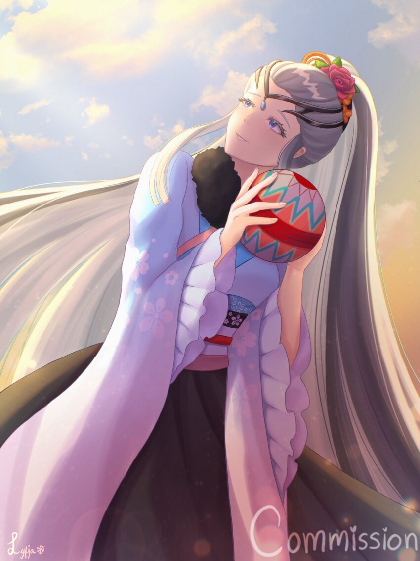 alternate_costume ball black_tiara blue_eyes commission commissioner_upload donnetramirez eir_(fire_emblem) eir_(new_year)_(fire_emblem) fire_emblem fire_emblem_heroes frilled_sleeves frills highres japanese_clothes kimono long_hair long_sleeves new_year nintendo official_alternate_costume ponytail princess sidelocks sunrise tiara very_long_hair white_hair yukata