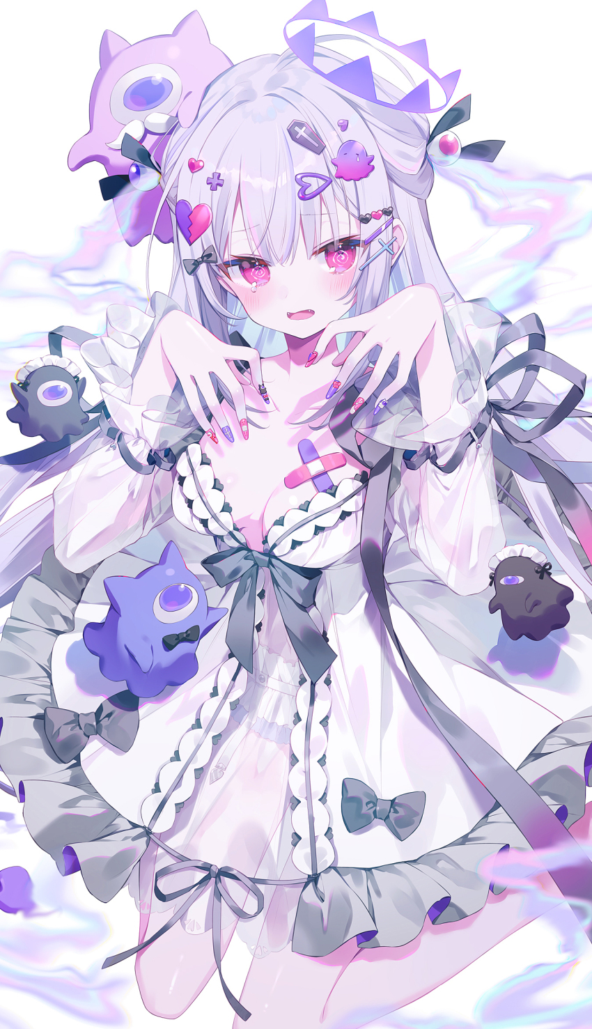 1girl @_@ bandaid bandaid_on_breast black_bow blue_bow bow breasts cleavage collarbone dress frilled_dress frills ghost ghost_girl hair_ornament hairclip halo highres ibara_riato long_hair medium_breasts nail_polish original pink_eyes sidelocks sitting solid_circle_eyes wariza white_dress white_hair
