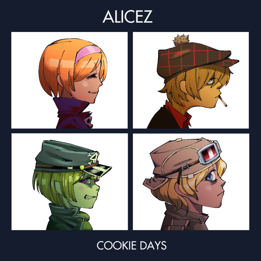 4girls album_cover_redraw alice_margatroid backwards_hat blonde_hair blunt_bangs cigarette closed_eyes closed_mouth commentary cookie_(touhou) demon_days_(gorillaz) derivative_work expressionless eyes_visible_through_hair flat_cap goggles goggles_on_headwear gorillaz grey_hat grin hair_between_eyes hairband hat highres hinase_(cookie) jigen_(cookie) long_bangs looking_at_viewer looking_to_the_side multiple_girls pink_hairband pom_pom_hat_ornament purple_eyes sakuranbou_(cookie) short_hair skull_and_crossbones smile taisa_(cookie) tam_o&#039;_shanter touhou ukiwagirl upper_body white_background