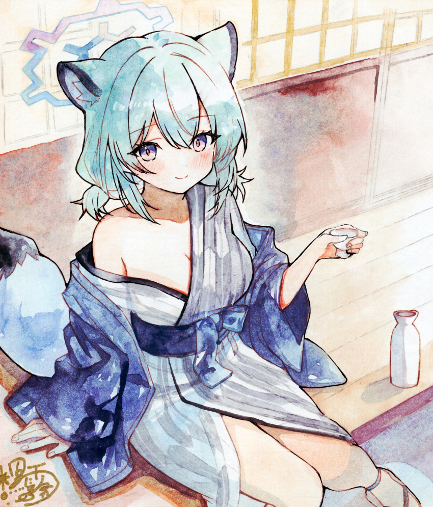 1girl absurdres alcohol animal_ears aqua_hair architecture bath_yukata blue_archive blue_eyes blue_halo blue_haori bottle breasts choko_(cup) closed_mouth commentary_request cup east_asian_architecture fantasydolce grey_kimono hair_between_eyes halo haori highres holding holding_cup japanese_clothes kimono looking_at_viewer low_twintails medium_breasts multicolored_eyes official_alternate_costume official_alternate_hairstyle sake sake_bottle shigure_(blue_archive) shigure_(hot_spring)_(blue_archive) short_hair shouji single_bare_shoulder single_off_shoulder sitting sliding_doors smile solo tail thighs tokkuri twintails weasel_ears weasel_girl weasel_tail yukata