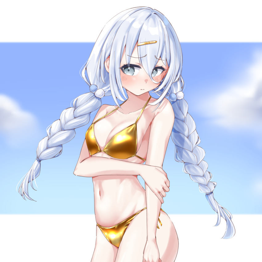1girl bikini blue_hair blue_sky braid breasts cloud commentary_request cowboy_shot embarrassed gold_bikini grey_eyes gyuu. hair_between_eyes hair_ornament hairclip highres long_hair looking_at_viewer low_twintails medium_breasts side-tie_bikini_bottom sky solo suzutuki_sui swimsuit twin_braids twintails varium virtual_youtuber