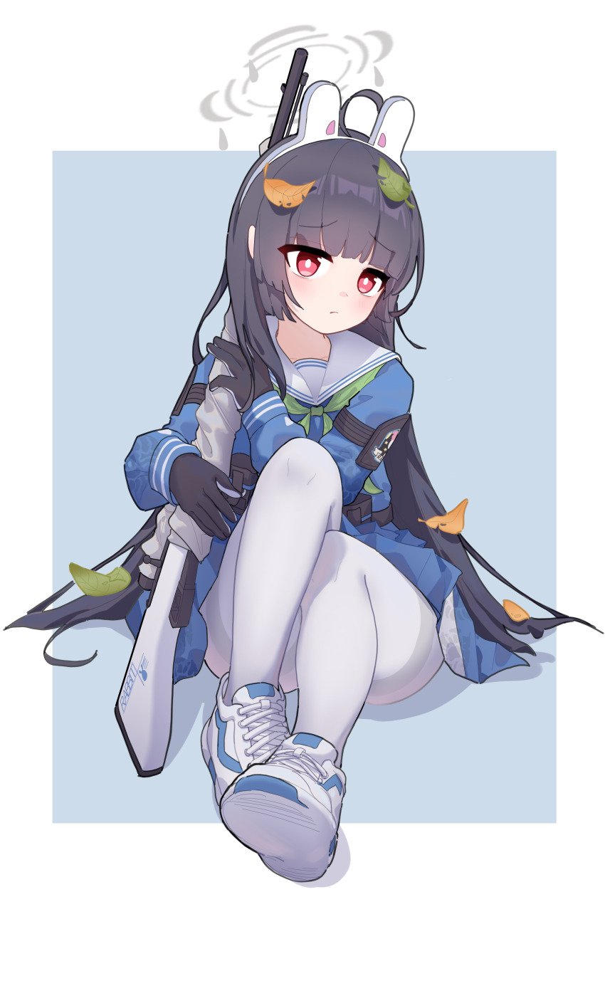 1girl absurdres ahoge animal_ear_hairband animal_ears armband black_armband black_gloves black_hair blue_archive blue_background blue_serafuku blunt_bangs bolt_action bright_pupils commentary_request fake_animal_ears full_body furrowed_brow gloves green_neckerchief grey_halo gun hairband halo highres holding holding_weapon knees_up leaf leaf_on_head light_blush light_frown long_hair looking_at_viewer miyu_(blue_archive) mosin-nagant neckerchief pantyhose pleated_skirt rabbit_ears red_eyes rifle sailor_collar school_uniform serafuku shadow shinba233 shoes sidelocks sitting skirt sneakers sniper_rifle solo two-tone_background very_long_hair weapon white_background white_hairband white_pantyhose white_pupils white_sailor_collar white_shoes
