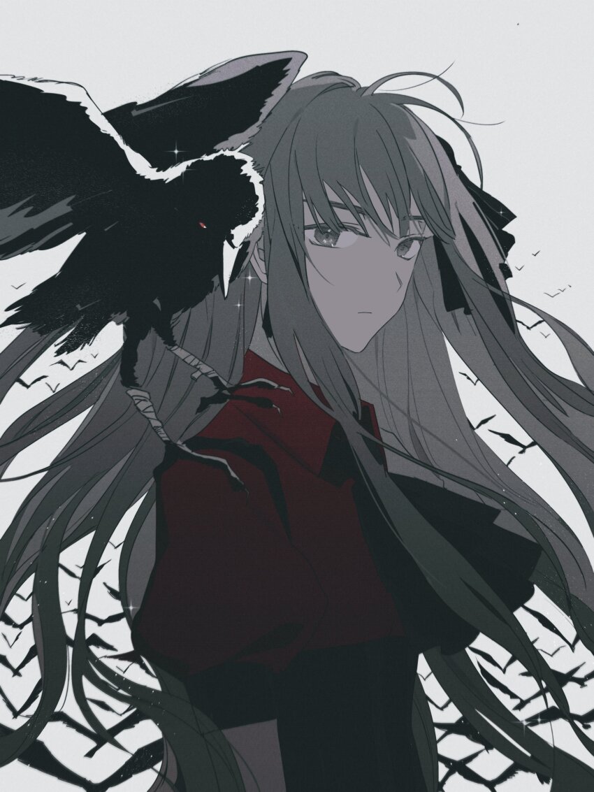 1girl absurdres animal animal_on_shoulder arm_at_side ascot bang_dream! bang_dream!_it&#039;s_mygo!!!!! bird black_ascot black_corset black_ribbon closed_mouth collared_shirt corset crow earrings expressionless floating_hair flock from_side hair_ribbon highres jewelry light_particles long_hair looking_at_viewer monochrome no_mask oblivionis_(bang_dream!) puffy_short_sleeves puffy_sleeves red_shirt reiboubyou ribbon shirt short_sleeves sparkle spot_color togawa_sakiko upper_body very_long_hair white_background
