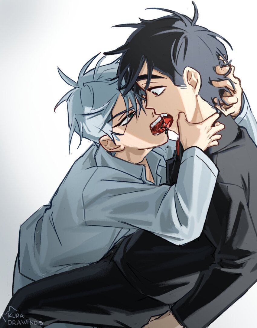 2boys alien_stage black_eyes black_hair black_shirt collared_shirt commentary english_commentary gem green_eyes grey_hair grey_shirt highres holding holding_gem ivan_(alien_stage) kuradrawings long_sleeves male_focus mouth_hold multiple_boys open_mouth red_pupils shirt signature till_(alien_stage) yaoi
