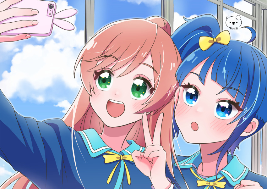 2girls :o absurdres artist_logo blue_eyes blue_hair blue_jacket blue_sky bow bowtie cellphone cloud cloudy_sky collared_jacket commentary day green_eyes highres hirogaru_sky!_precure holding holding_photo indoors jacket logo long_hair long_sleeves looking_to_the_side medium_hair moro_precure multiple_girls nijigaoka_mashiro open_mouth phone photo_(object) pink_hair precure school_uniform selfie sky smartphone smile sora_harewataru sorashido_academy_school_uniform sparkle v yellow_bow yellow_bowtie