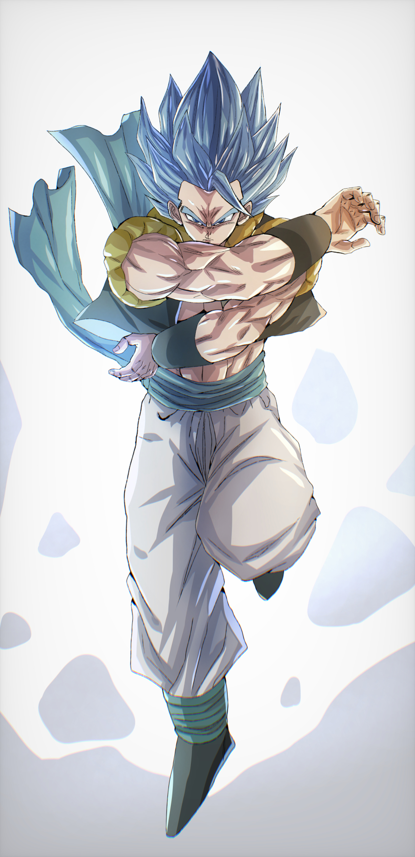 1boy absurdres baggy_pants blue_eyes blue_hair blue_sash chiro_illust commentary debris dragon_ball dragon_ball_super dragon_ball_super_broly dragon_ball_z_dokkan_battle full_body gogeta highres looking_at_viewer male_focus metamoran_vest muscular muscular_male pants sash serious shoes solo spiked_hair super_saiyan super_saiyan_blue v-shaped_eyebrows white_background white_pants wristband