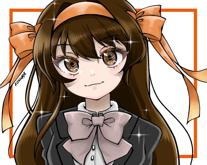 1girl artist_name black_jacket bow bowtie brown_eyes brown_hair buttons closed_mouth collared_shirt dress_shirt grey_bow grey_bowtie hair_between_eyes hair_intakes hairband head_tilt highres jacket kimume042616 kouyouen_academy_school_uniform long_hair looking_at_viewer official_alternate_hair_length official_alternate_hairstyle orange_hairband school_uniform shirt smile solo sparkle suzumiya_haruhi suzumiya_haruhi_no_shoushitsu suzumiya_haruhi_no_yuuutsu upper_body white_background white_shirt